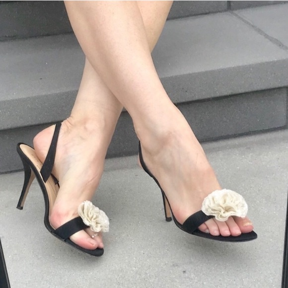 kate spade Shoes - KATE SPADE black satin Strappy HEELS rosette white